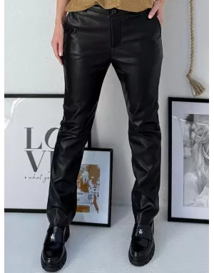 Pantalon droit en similicuir Molly Bracken, taille semi haute, couleur noir - Référence : T1502DH