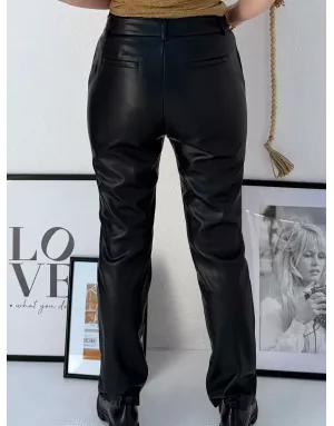 Pantalon droit en similicuir Molly Bracken, taille semi haute, couleur noir - Référence : T1502DH