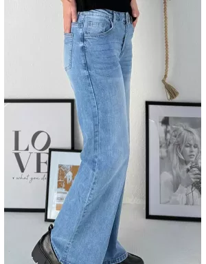 Jean large Molly Bracken, taille haute, délavage denim blue, coupe 5 poches - Référence : ED64CN