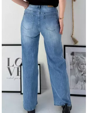Jean large Molly Bracken, taille haute, délavage denim blue, coupe 5 poches - Référence : ED64CN