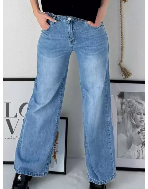 Jean large Molly Bracken, taille haute, délavage denim blue, coupe 5 poches - Référence : ED64CN
