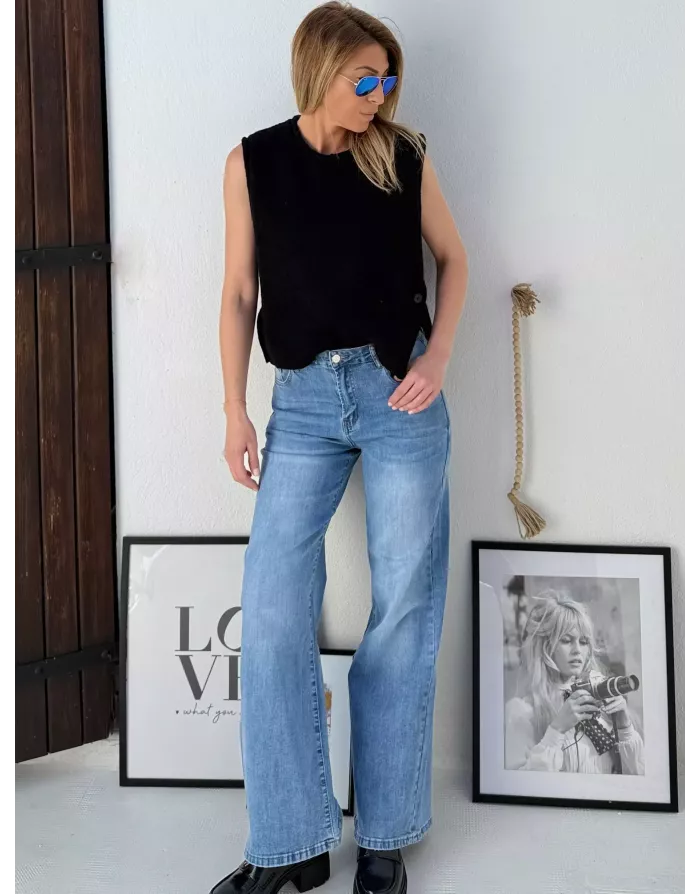 Jean large Molly Bracken, taille haute, délavage denim blue, coupe 5 poches - Référence : ED64CN