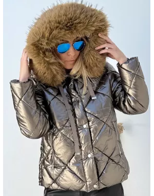 Doudoune matelassée Molly Bracken, capuche avec fausse fourrure amovible, couleur bronze irisée - Référence : OR173DH