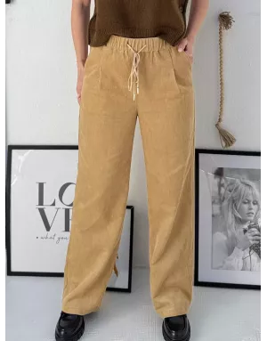Pantalon large en velours finement côtelé Molly Bracken, taille haute en élastique, couleur camel - Référence : TL461DH