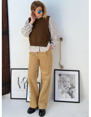 Pantalon large en velours finement côtelé Molly Bracken, taille haute en élastique, couleur camel - Référence : TL461DH