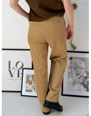 Pantalon large en velours finement côtelé Molly Bracken, taille haute en élastique, couleur camel - Référence : TL461DH