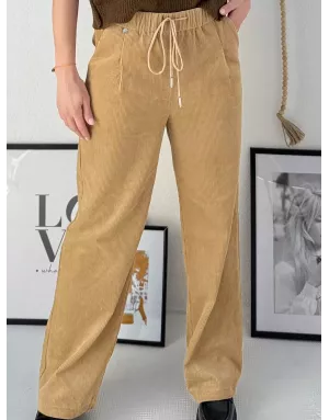 Pantalon large en velours finement côtelé Molly Bracken, taille haute en élastique, couleur camel - Référence : TL461DH