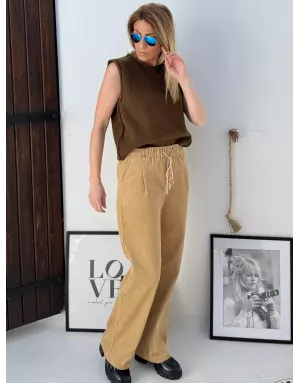 Pantalon large en velours finement côtelé Molly Bracken, taille haute en élastique, couleur camel - Référence : TL461DH