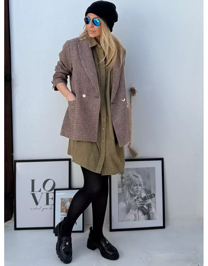 Robe chemise en velours kaki, longueur courte , référence LAL154DN