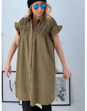Robe chemise en velours kaki, longueur courte , référence LAL154DN