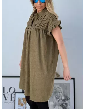 Robe chemise en velours kaki, longueur courte , référence LAL154DN