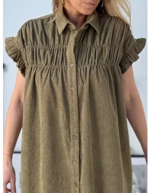Robe chemise en velours kaki, longueur courte , référence LAL154DN