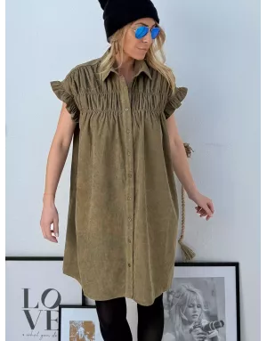 Robe chemise en velours kaki, longueur courte , référence LAL154DN