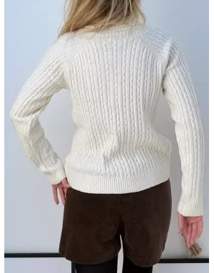 Pull épais et droit en maille torsadée, large col roulé, coloris blanc cassé - Référence : BT202DH