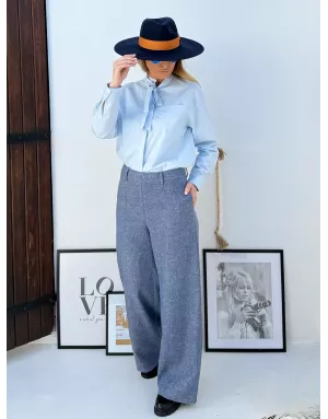 Pantalon large en laine, taille haute, à imprimé mini chevrons, coloris bleu - Référence : T1900DH