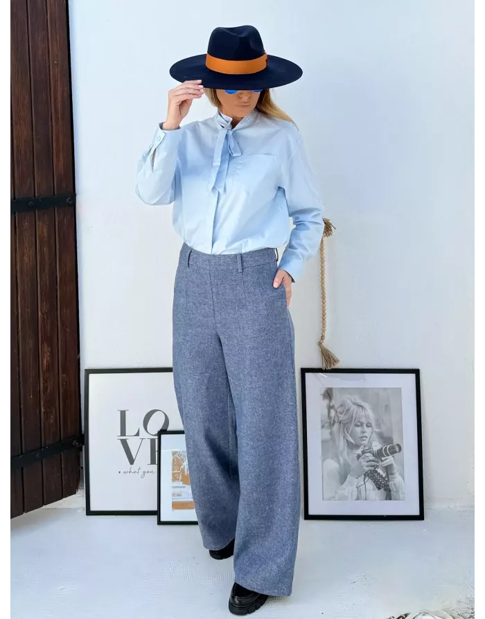 Pantalon large en laine, taille haute, à imprimé mini chevrons, coloris bleu - Référence : T1900DH