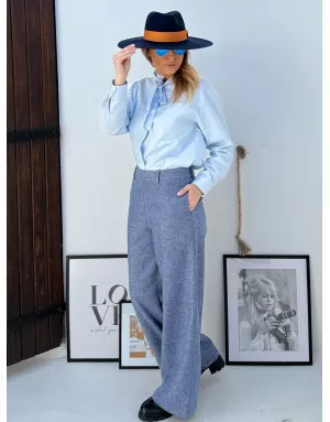 Pantalon large en laine, taille haute, à imprimé mini chevrons, coloris bleu - Référence : T1900DH