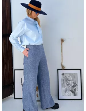 Pantalon large en laine, taille haute, à imprimé mini chevrons, coloris bleu - Référence : T1900DH