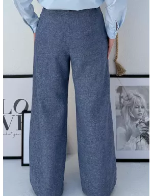 Pantalon large en laine, taille haute, à imprimé mini chevrons, coloris bleu - Référence : T1900DH