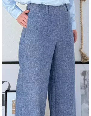 Pantalon large en laine, taille haute, à imprimé mini chevrons, coloris bleu - Référence : T1900DH