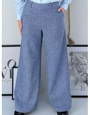 Pantalon large en laine, taille haute, à imprimé mini chevrons, coloris bleu - Référence : T1900DH