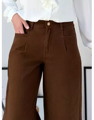 Pantalon large Molly Bracken, toile épaisse, plis,  coloris marron - Référence : EF1625DH