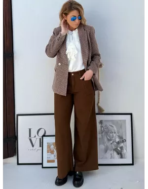 Pantalon large Molly Bracken, toile épaisse, plis,  coloris marron - Référence : EF1625DH