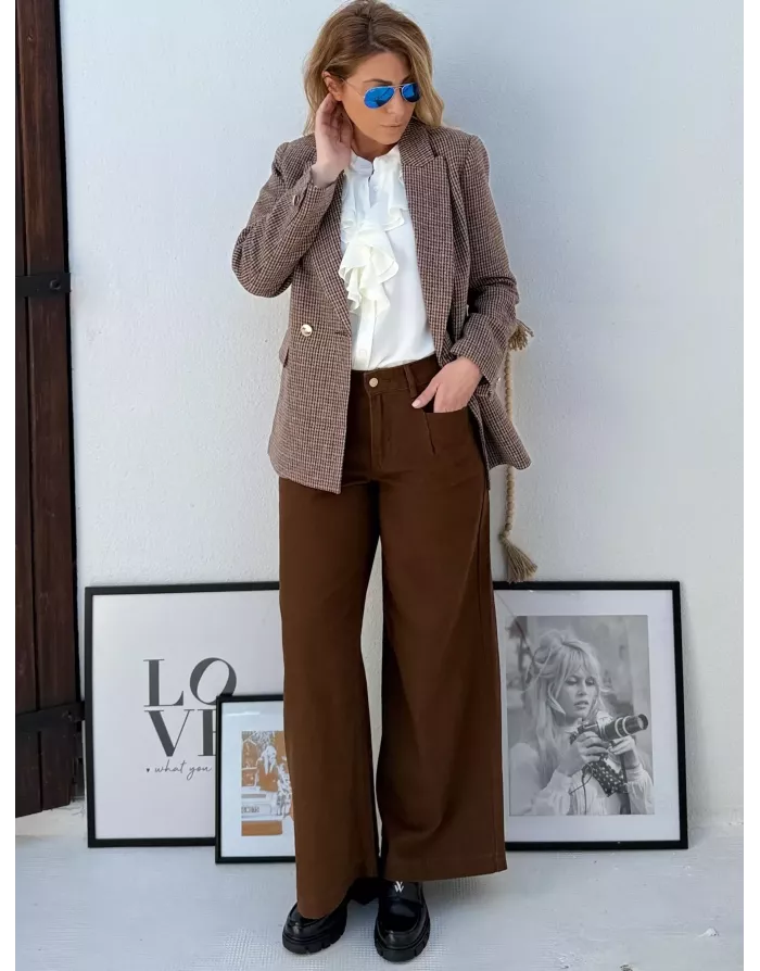 Pantalon large Molly Bracken, toile épaisse, plis,  coloris marron - Référence : EF1625DH