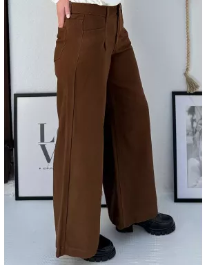 Pantalon large Molly Bracken, toile épaisse, plis,  coloris marron - Référence : EF1625DH
