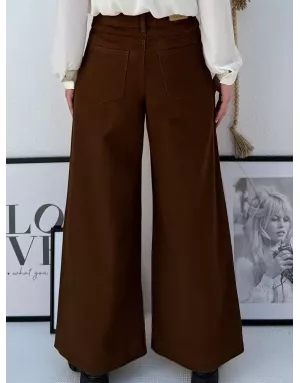 Pantalon large Molly Bracken, toile épaisse, plis,  coloris marron - Référence : EF1625DH