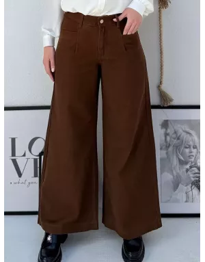 Pantalon large Molly Bracken, toile épaisse, plis,  coloris marron - Référence : EF1625DH