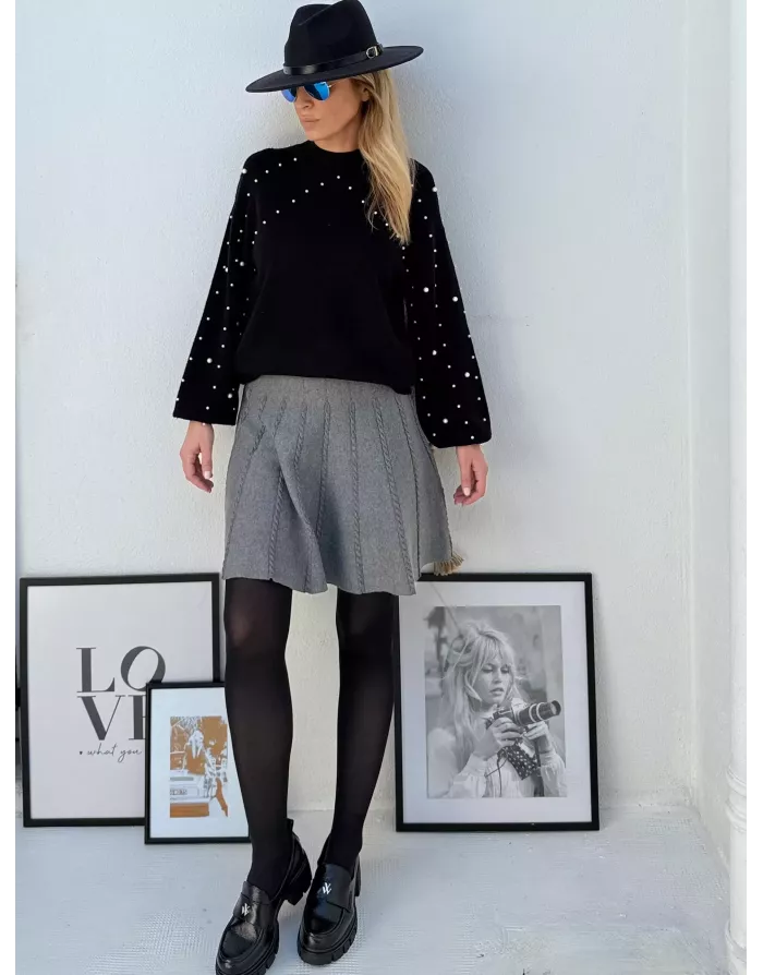 Jupe courte en maille torsadée, coloris gris, LAL213DN