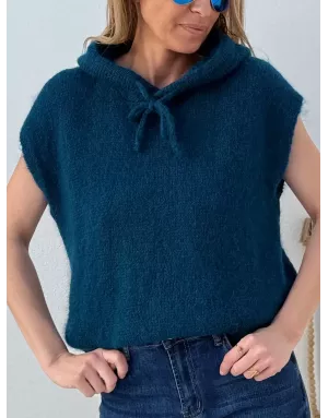 Pull mohair sans manches et capuche, bleu canard - Sélection Samsara