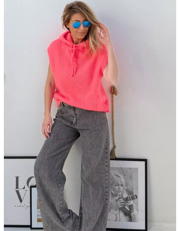 Pull mohair sans manches et capuche, corail intense - Sélection Samsara