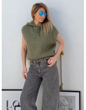 Pull mohair sans manches et capuche, kaki - Sélection Samsara