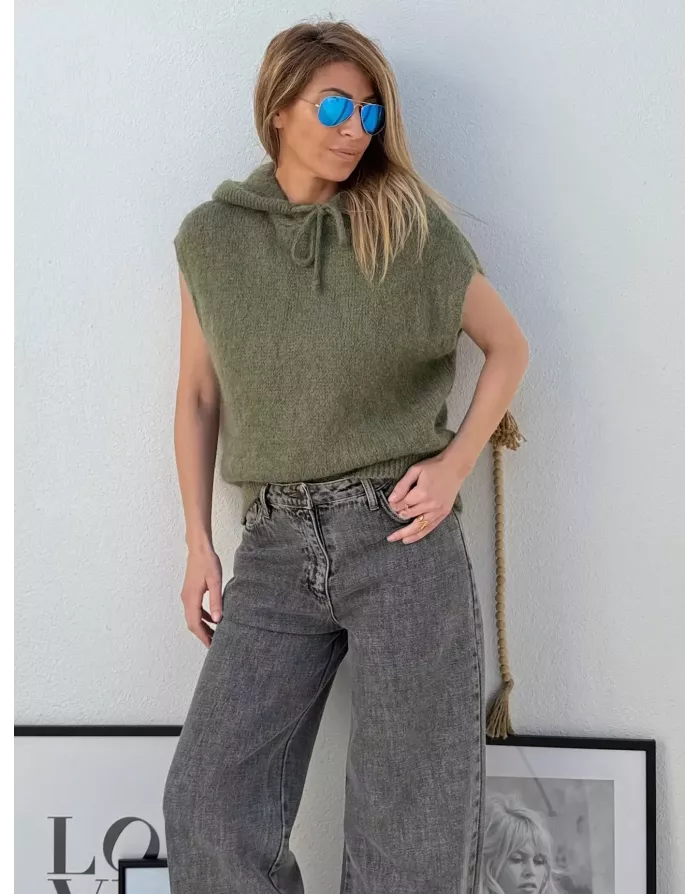 Pull mohair sans manches et capuche, kaki - Sélection Samsara