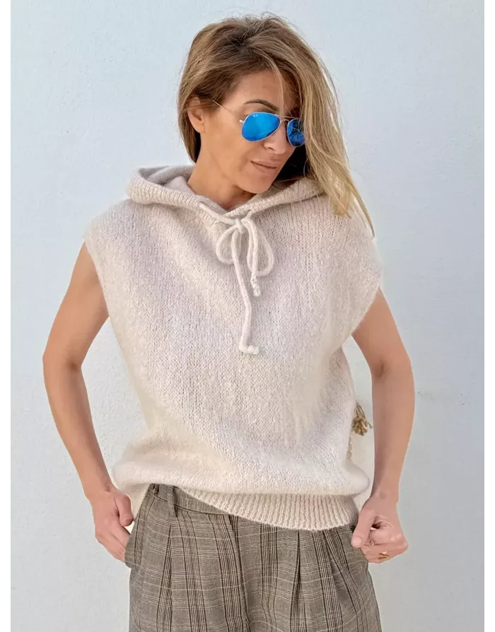 Pull mohair sans manches et capuche, beige- Sélection Samsara