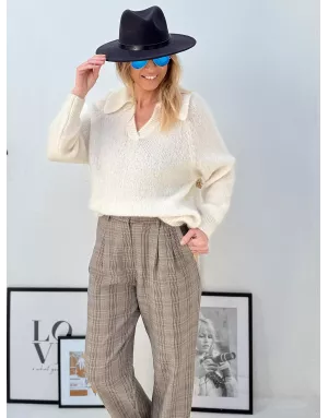 Pull alpaga et laine, forme polo, blanc cassé - Sélection Samsara