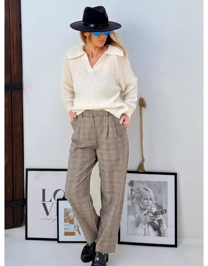 Pull alpaga et laine, forme polo, blanc cassé - Sélection Samsara