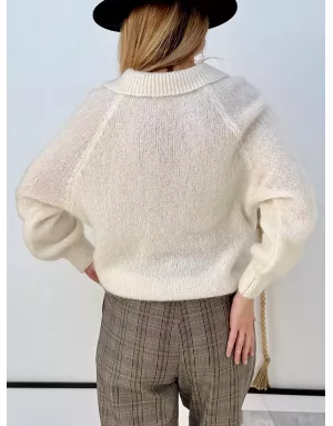 Pull alpaga et laine, forme polo, blanc cassé - Sélection Samsara