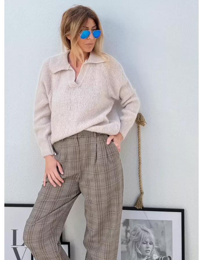 Pull alpaga et laine, forme polo, beige - Sélection Samsara