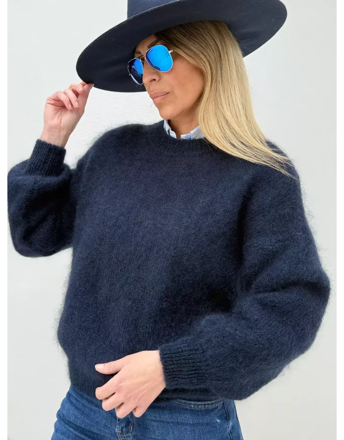 Pull mohair 76%, maille fluffy, couleur navy - Sélection Samsara