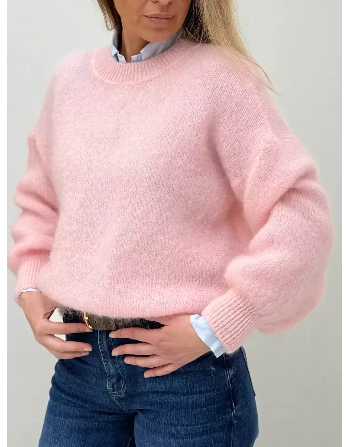 Pull mohair 76%, maille fluffy, couleur rose tendre  - Sélection Samsara