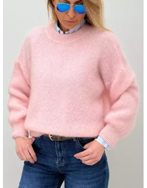 Pull mohair 76%, maille fluffy, couleur rose tendre  - Sélection Samsara