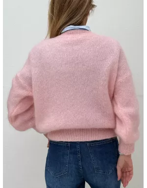 Pull mohair 76%, maille fluffy, couleur rose tendre  - Sélection Samsara