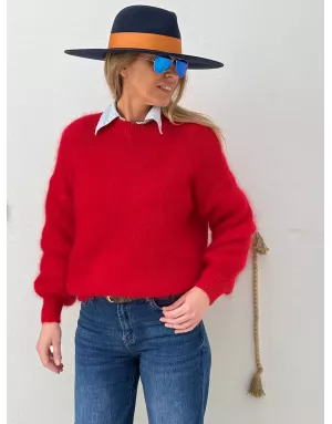 Pull mohair 76%, maille fluffy, couleur rouge  - Sélection Samsara