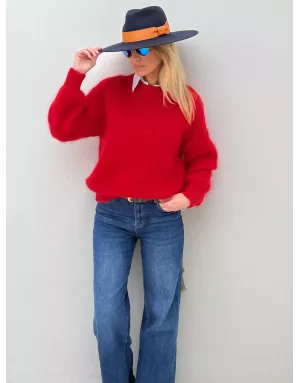 Pull mohair 76%, maille fluffy, couleur rouge  - Sélection Samsara