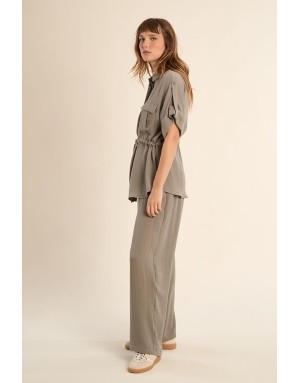 Pantalon fluide taille haute CASSIE light kaki de Molly Bracken, tissu aspect lin -  Référence LA1955EP