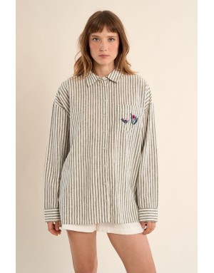 Chemise longue à rayures light kaki et blanc cassé de Molly Bracken, tissu coton et lin -  Référence ZP117EE