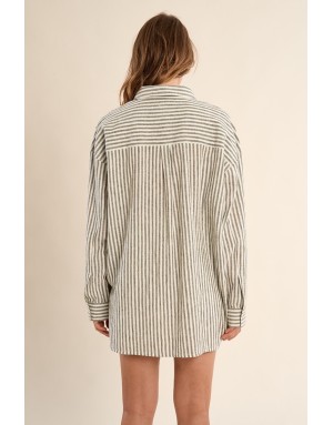 Chemise longue à rayures light kaki et blanc cassé de Molly Bracken, tissu coton et lin -  Référence ZP117EE